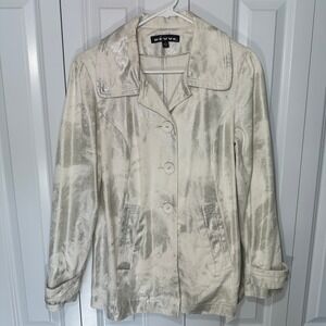 Revue‎ Button Front Jacket Denim S Silver White Metallic Foil Abstract Cotton